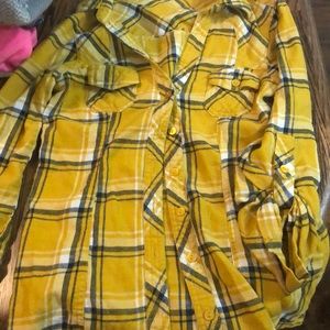 yellow, white, blue button up flannel shirt